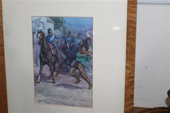 Harold Earnshaw (1886-1937). Six watercolour illustrations for the book The Red Hussar, together with a copy of the book by Reginald